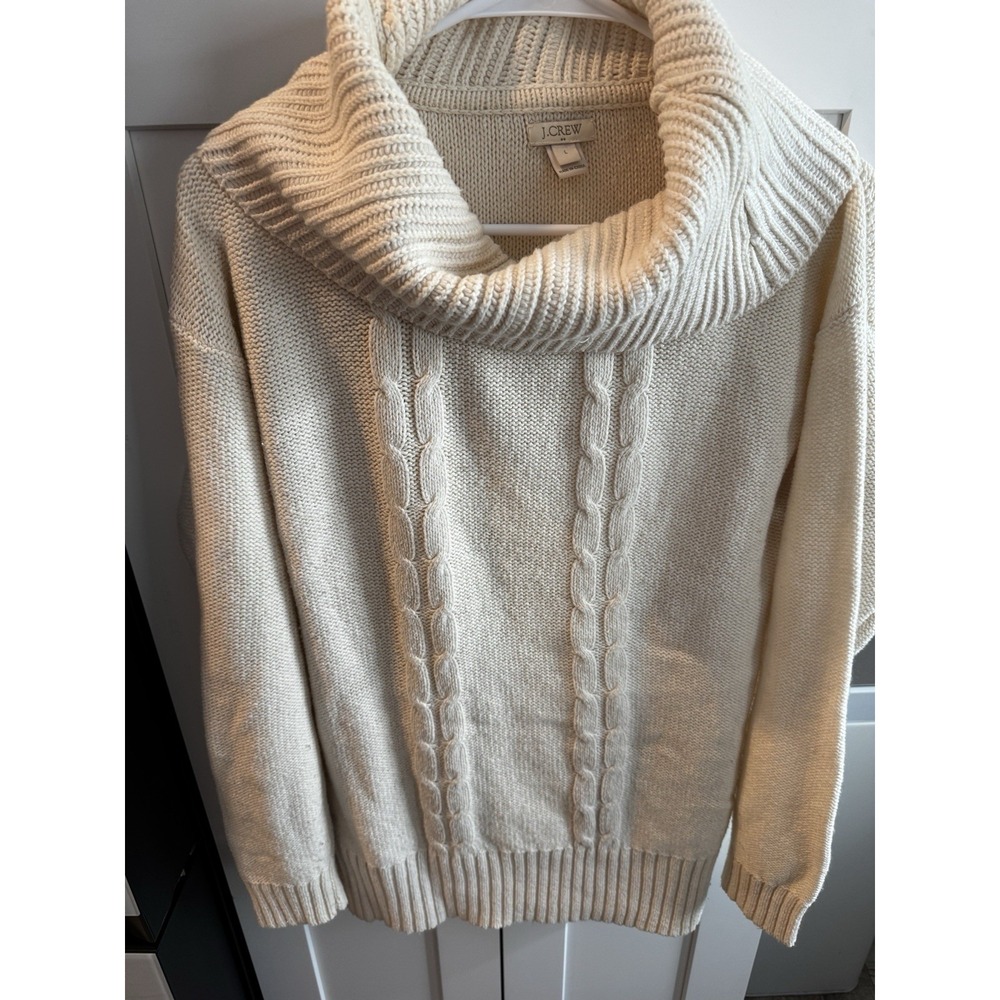 J.Crew Eggshell White Knit Wool Blend Turtleneck Tunic Sweater, Women's L